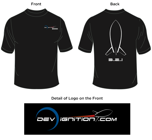 DevIgnition T-Shirt designs, including front, back, and a detail of the logo on the front.
